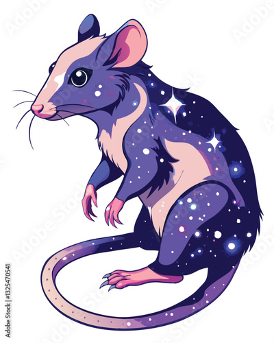 A celestial rat, formed from shimmering stardust, its body subtly dissolving into a cosmic nebula.  Focus on detailed fur texture and ethereal glow.