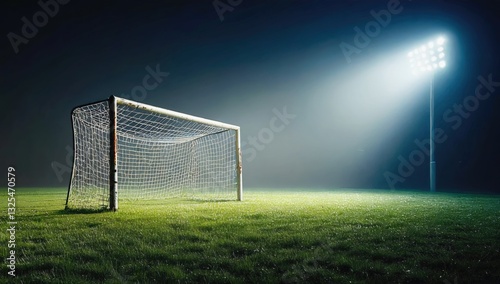 Dramatic empty soccer field with single goal under stadium lights for sports enthusiasts caught in high contrast nighttime