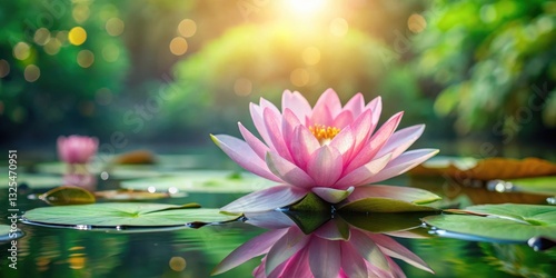 Wallpaper Mural Delicate pink lotus flower fully bloomed in serene water with subtle sunlight filtering through leaves, Buddhist Symbolism, Water Garden Torontodigital.ca