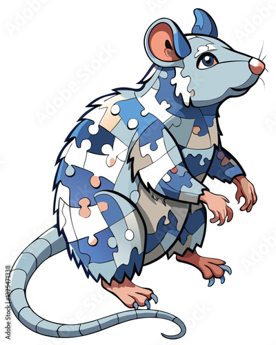 Surreal artwork depicting a rat's body constructed from numerous floating jigsaw puzzle pieces, some incomplete.