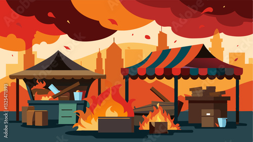 The smell of burnt wood and spoiled food fills the air as I walk through the devastated marketplace a stark contrast to the delicious aromas that once lured in customers.. Vector illustration