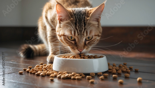 cat eating dry food out of bowl on floor 