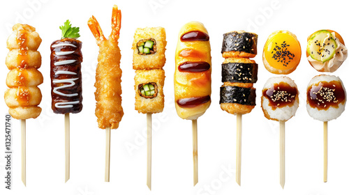 Colorful Assortment of Japanese Skewered Cuisine and Sushi Delicacies on a Bright Background