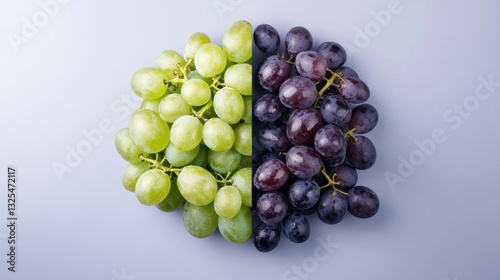Two bunches of grapes, one green and one purple, are displayed on a gray surface