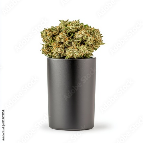Cannabis Bud In Dark Cylinder Container, Generative AI.