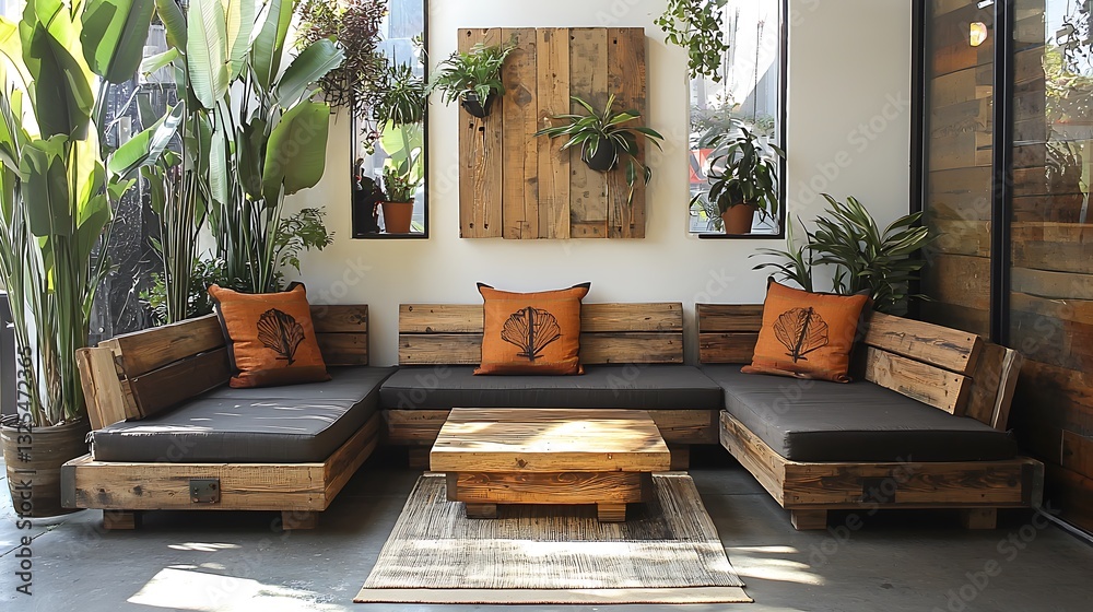 Fototapeta premium Reclaimed Wood Sectional Sofa with Tropical Plants in Modern Interior Design.