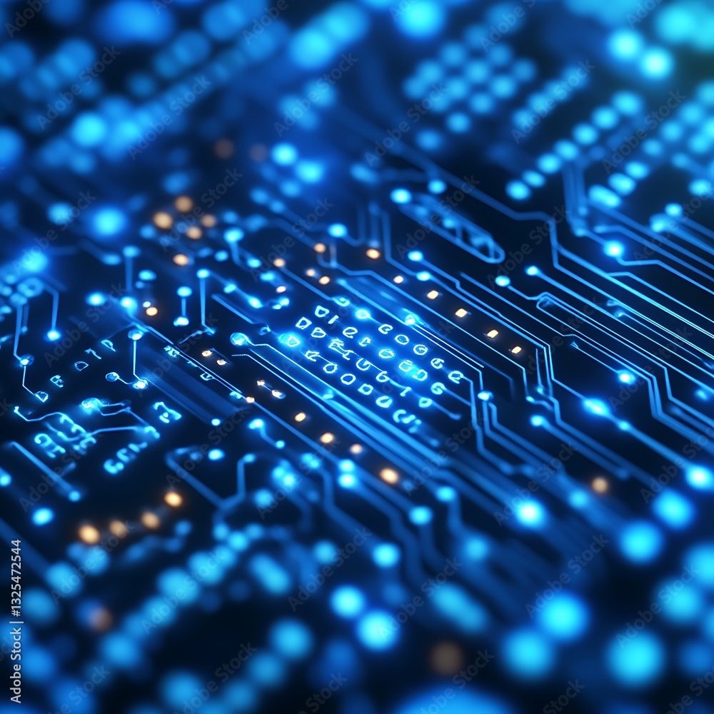 Glowing blue electronic circuit board depicts intricate pathways and components Glowing blue electronic circuit board depicts intricate pathways and components