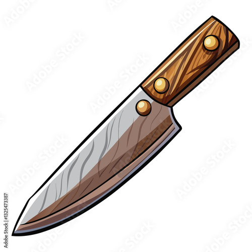 A gleaming, razor-sharp chef's knife, its silver blade reflecting light, rests on a dark wooden surface.  Capture the detail and sharpness.