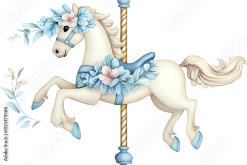 Illustration of a cute white carousel with a blue floral wreath on a pole in pastel colors, displayed alone on a white background