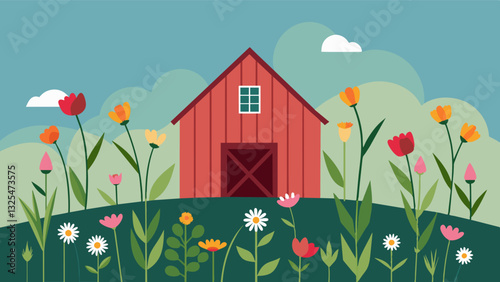 Wildflowers sprout haphazardly around the base of the barn a natural testament to the fading of once thriving agriculture.. Vector illustration