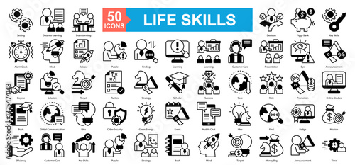 Life Skills Icon Sheet Setting, Finding, Tactics, Idea, Distance Learning, Brainstorming, Decision, Piggy Bank, Key Skills, Alarm Clock, Mind, Release