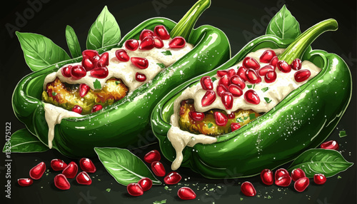 Delicious Stuffed Green Bell Peppers Topped with Pomegranate Seeds and Creamy Sauce - Vibrant Vector Illustration of Gourmet Vegetarian Cuisine