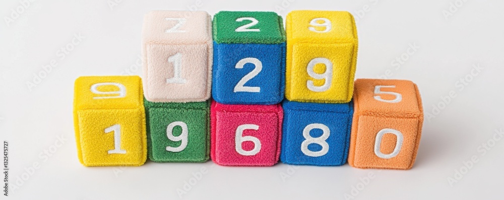 Bright soft plush blocks with numbers and letters for babies on a white background Bright soft plush blocks with numbers and letters for babies on a white background