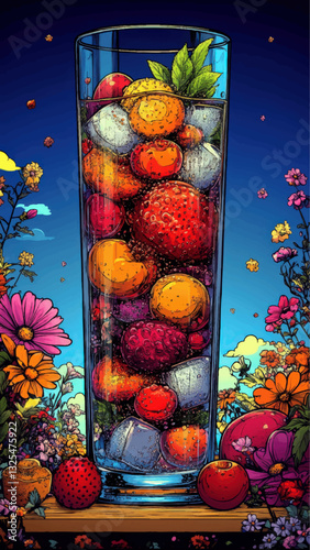 Vibrant Vector Fruit Glass with Ice and Mint Art: Fresh Strawberries, Oranges, Cherries, Lush Floral Surrounding in Dreamy Landscape, Summer Refreshment Vibes