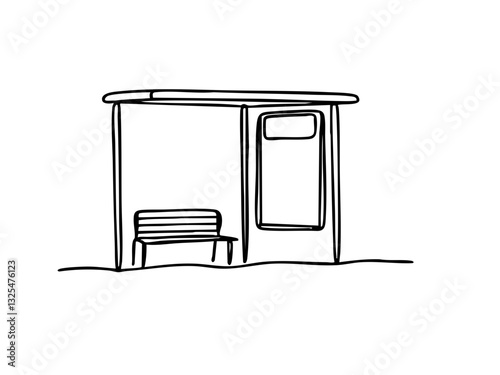 Illustration of a bus stop with bench and shelter on transparent background