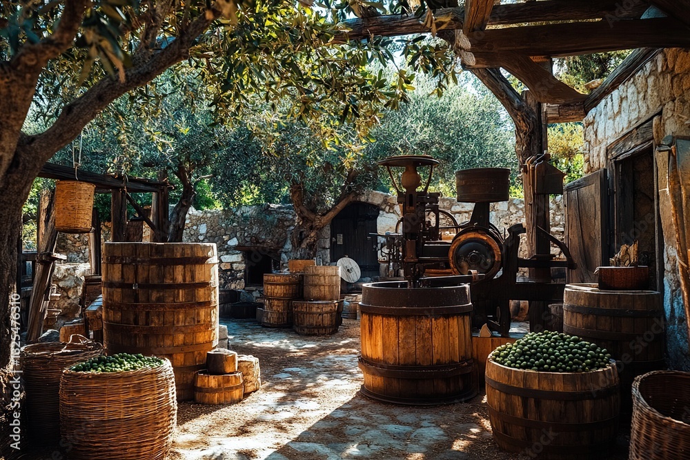 Ancient Olive Oil Press: Wooden Barrels, Stone Walls, Rustic Charm, Verdant Olives, Traditional Methods, Sun-Drenched Courtyard Ancient Olive Oil Press: Wooden Barrels, Stone Walls, Rustic Charm, Verdant Olives, Traditional Methods, Sun-Drenched Courtyard