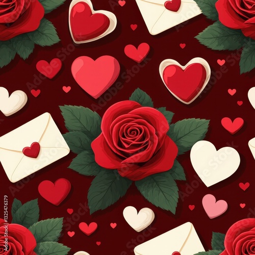 Wallpaper Mural a romantic seamless pattern featuring hearts, roses, and letters, perfect for expressing love and affection. The pattern incorporates a variety of heart shapes, vibrant red roses. Torontodigital.ca