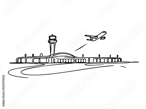 Airport scene with airplane and control tower on transparent background