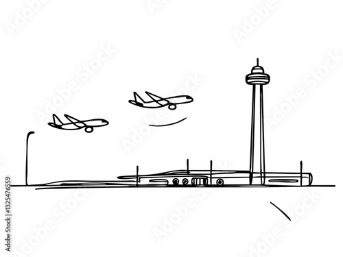 Airport scene with airplane and control tower on transparent background