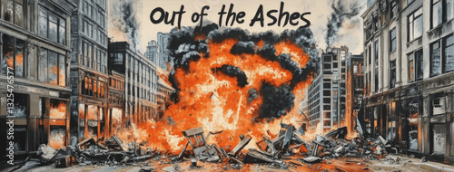 Out of the Ashes: Dramatic Vector Image of Urban Destruction with Explosive Fire and Dance of Flames Amidst Cityscape for Powerful Visual Impact