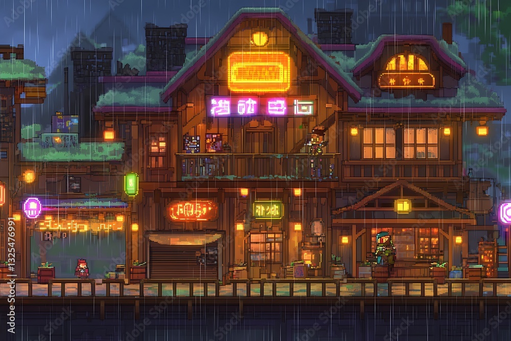 Obraz premium Pixelated tavern, rainy night, characters on balconies, background village, concept art for gaming