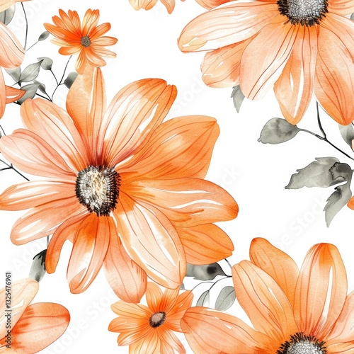 Watercolor pattern of orange daisy flowers with delicate green leaves on a white background for fresh and vibrant floral design inspiration. Cheerful seamless spring backdrop concept