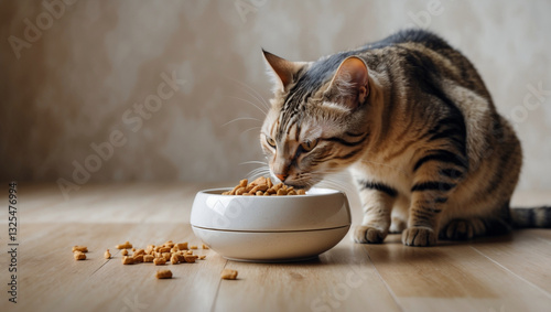 cat eating dry food out of bowl on floor 