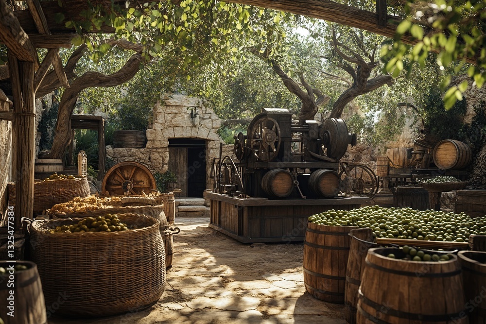 Ancient Olive Press: Rustic Courtyard, Wooden Barrels, Fruit Processing, Sunny Day, Lush Greenery, Stone Architecture, Traditional Methods, Agricultural Scene, Harvest Time, Olive Oil Production Ancient Olive Press: Rustic Courtyard, Wooden Barrels, Fruit Processing, Sunny Day, Lush Greenery, Stone Architecture, Traditional Methods, Agricultural Scene, Harvest Time, Olive Oil Production