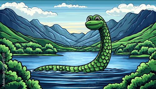 "Loch Ness Monster Cartoon Vector: Majestic Mythical Creature in Scenic Mountain Lake Illustration with Vibrant Landscape and Clouds for Fantasy Art Enthusiasts"