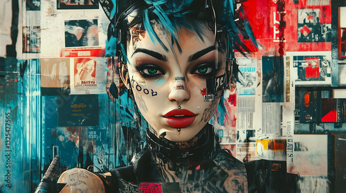 Striking Portrait of a Cyberpunk Individual With Vibrant Blue Hair in an Urban Setting. Generative AI