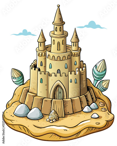 A breathtaking sandcastle, meticulously sculpted from fine-grained sand, depicting a majestic medieval castle with intricate details.