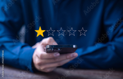 Customer review 1 rating, bad experience. concept of unhappy complaint, service poor, negative feedback. dissatisfaction service, dissatisfied 1 star review. ranking internet online survey