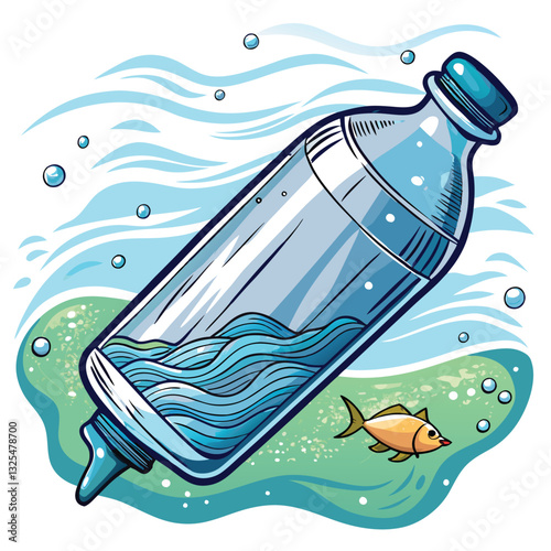 A single-use plastic water bottle adrift on a vast, turbulent ocean, illustrating the devastating impact of plastic pollution on marine ecosystems.