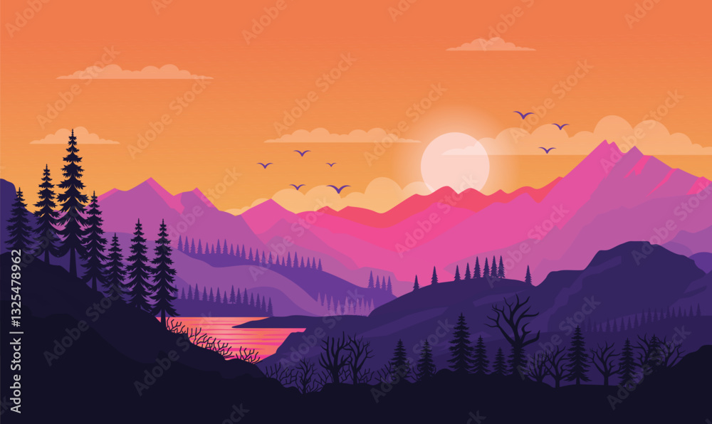 Fototapeta premium Peaceful Mountains Nature Landscape with River View and Sun at Sunset Sunrise