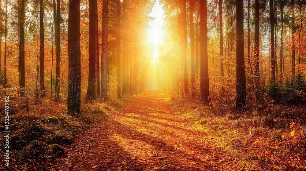 Fototapeta premium Winding path through a sunlit forest inviting exploration and serenity