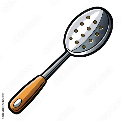 Close-up of a slotted spoon featuring a black plastic handle and a single, perfectly formed ravioli resting on its perforated surface.