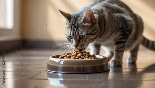 cat eating dry food out of bowl on floor 