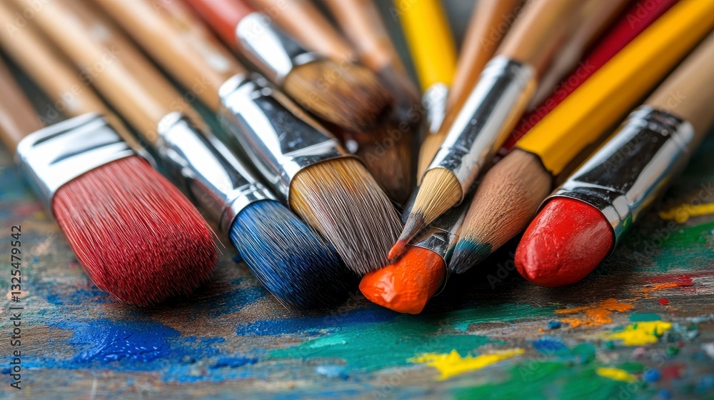 Fototapeta premium Colorful Artist Paint Supplies with Brushes on Vibrant Palette