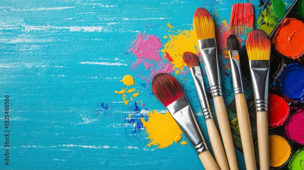 Fototapeta premium Vibrant Art Supplies with Paints and Brushes on Blue Background