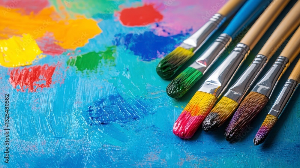 Fototapeta premium Colorful Paint Brushes Lying on a Vibrant Palette of Paints