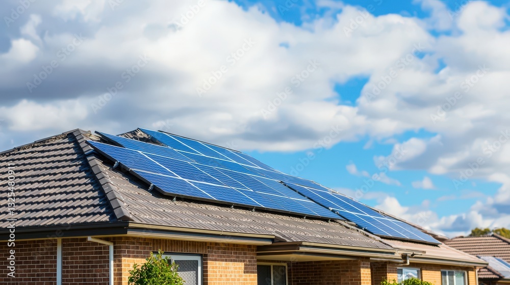 Fototapeta premium Contemporary house showcasing solar panel on roof as part of sustainable living and energy solutions