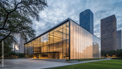 Wallpaper Mural Modern Glass Building Architecture: Cityscape Design with Illuminated Facade at Dusk Torontodigital.ca