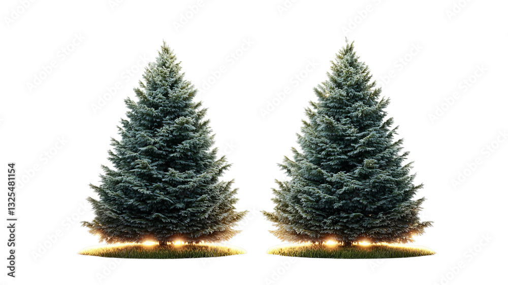 Fototapeta premium Png of Two lush evergreen trees illuminated softly at the base, surrounded by green grass on transparent background.