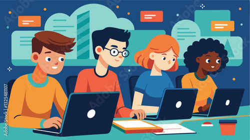 During a coding competition students sit intently with their Chromebooks typing furiously as they race to complete a given coding task.. Vector illustration