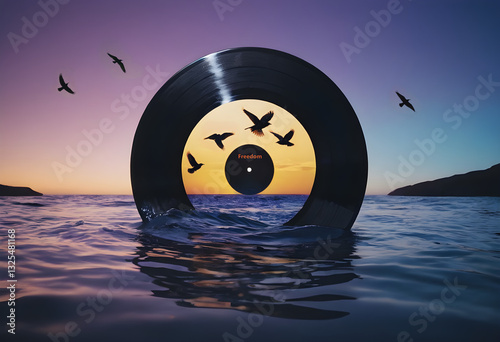 Surreal Vinyl Record Sunset Over Ocean with Flying Birds
