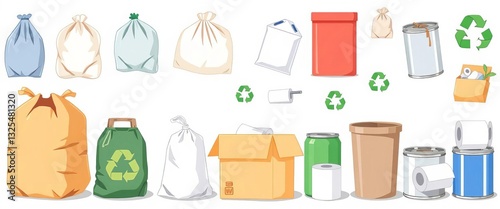 Simple cartoon vector illustrations of various recyclable and non-recyclable garbage items including plastic bags, cardboard boxes, tin cans, and toilet paper rolls, isolated, packaging