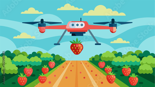 Using precision GPS technology a crop inspection drone flies low over a field of strawberries pinpointing areas of pest infestation for immediate treatment.. Vector illustration