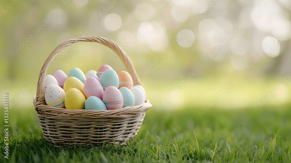 Pastel Easter Eggs in Wicker Basket on Grass Spring Holiday Festive Decor Pastel Easter Eggs in Wicker Basket on Grass Spring Holiday Festive Decor