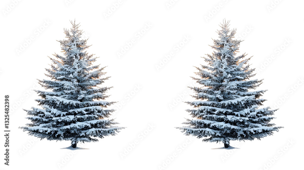Fototapeta premium Png of Two majestic evergreen trees covered in fresh snow, creating a winter wonderland atmosphere on transparent background.