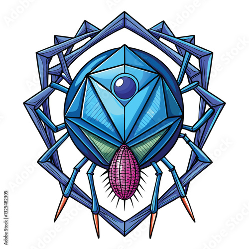 Detailed microscopic image of a T4 bacteriophage virus, showcasing its spider-like morphology and intricate structure.  Highlight the head, tail fibers, and sheath.